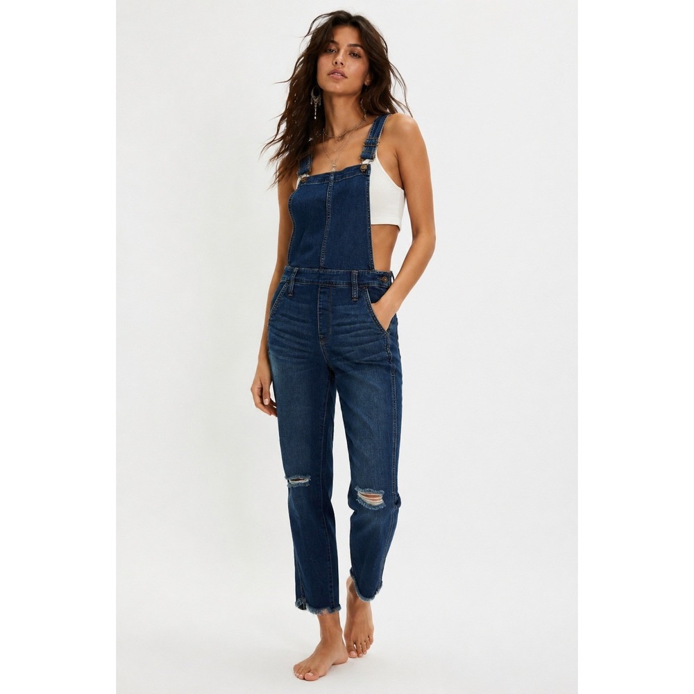 Madewell‎ Skinny Overalls Dark Wash Distressed Raw Hem Denim Jumpsuit Womens S